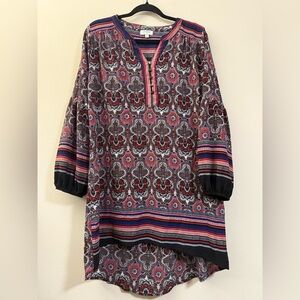 UMGEE Boho Mixed Floral Print Tunic Dress‎ in Red and Black Multicolor - S